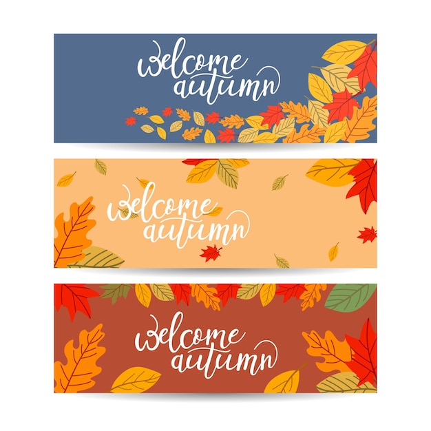 Set of three vector banners with colorful autumn leaves