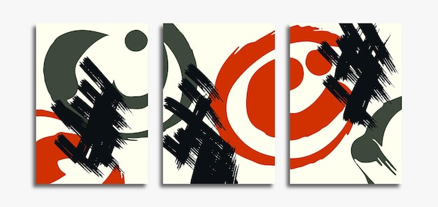 Set Of Three Wall Art Poster Backgroung With Abstract Shapes and Stylish Brush