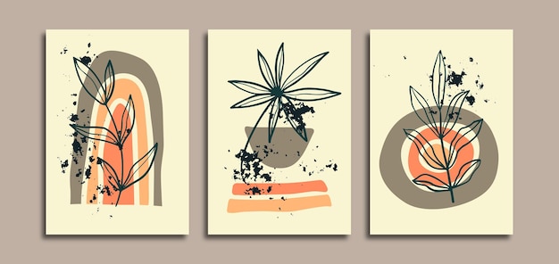 Set Of Three Wall Art Poster Backgroung With Leaf and Abstract Shapes