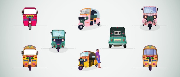 Vector set of three wheelers autorickshaw illustrations of india with rickshaw paint on it front view