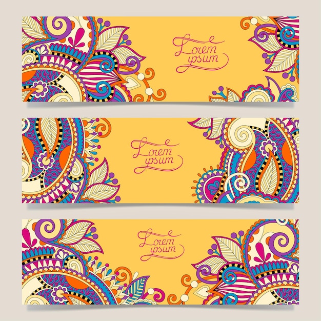 Vector set of three yellow horizontal banners with decorative ornamental flowers