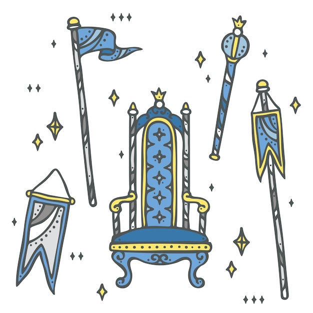 Vector set of throne, kingdom flag and scepter