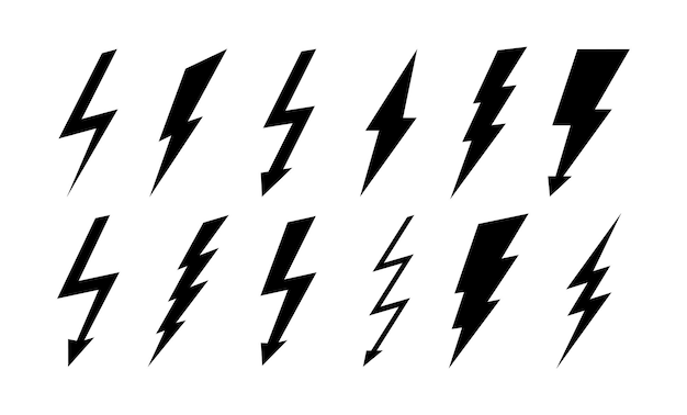 Set of thunderbolt and lightning icons Vector simple icons in flat style Lightning silhouettes isolated on white background