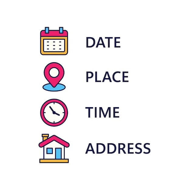 Set of time and location icons with a colorful design Linear color style of time and location sign