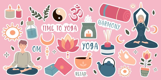 Set of time yoga stickers in flat style