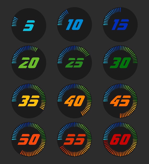 Set of timers. Full rotation arrow timer diagram from 5 second or minutes to 60. Colored flat icons. Modern vector illustration flat style.