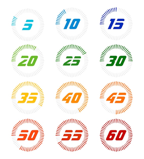 Set of timers. Full rotation arrow timer diagram from 5 second or minutes to 60. Colored flat icons. Modern vector illustration flat style