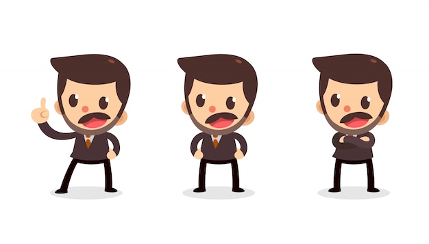 Set of tiny businessman character in actions. Speak and talk.