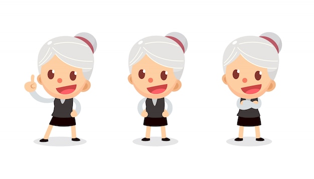 Set of tiny businesswoman character in actions. A woman with gray hair. Speak and talk.