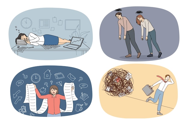 Vector set of tired employees suffer from nervous breakdown have work stress collection of exhausted businesspeople struggle with fatigue and workload overwork vector illustration