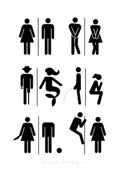 Set of toilet male and female symbols, in different funny, comic forms.