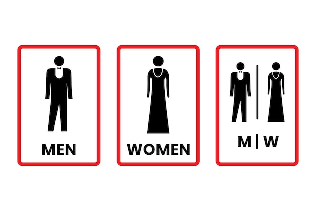 Set toilet signs with red border base color and text inscription on isolated background