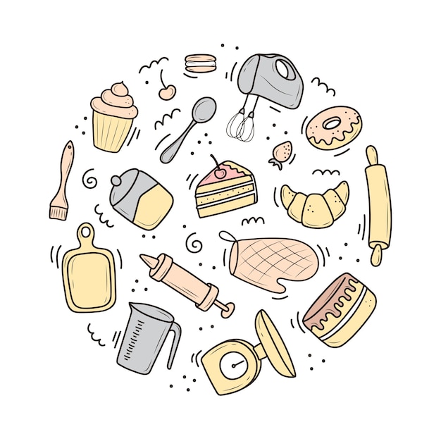 A set of tools for baking and cooking, a mixer, a cake, a spoon, a cupcake, a scale.   illustration in the doodle style. a sketch drawn by hand