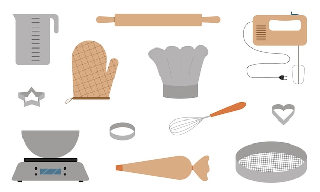 Set of tools for baking culinary products. Bakery tools. Flat style. Vector illustration