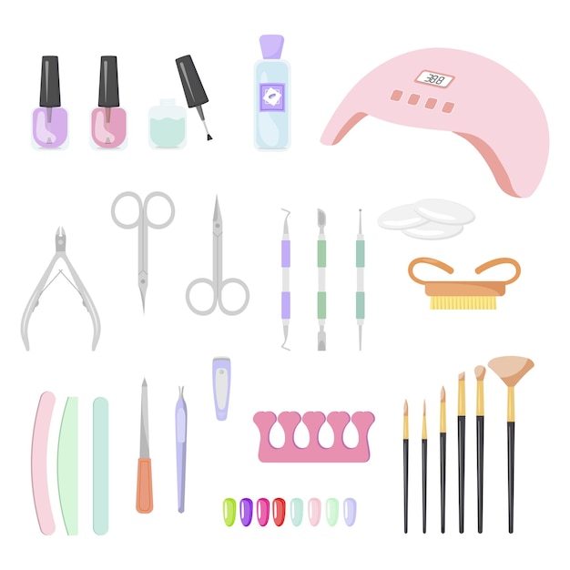 Set of tools for manicure Varnish scissors nail file scraper wire cutters Vector illustration