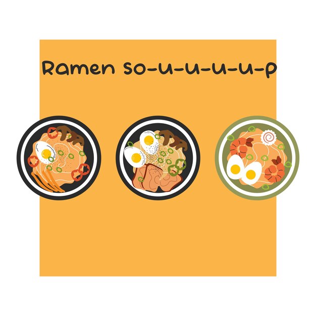 Set of top view illustration with ramen soup japanese dishes