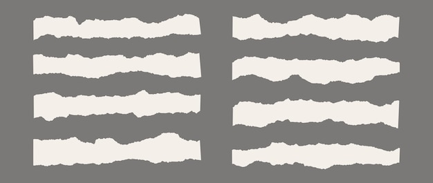 Vector set of torn pieces of paper thin and long material strip with jagged edges beige ripped horizontal