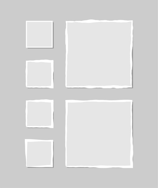 Set of torn white note. Scraps of torn paper of various shapes isolated on gray background. Vector illustration.