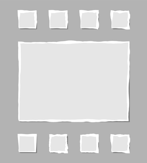 Set of torn white note. Scraps of torn paper of various shapes isolated on gray background. Vector illustration.