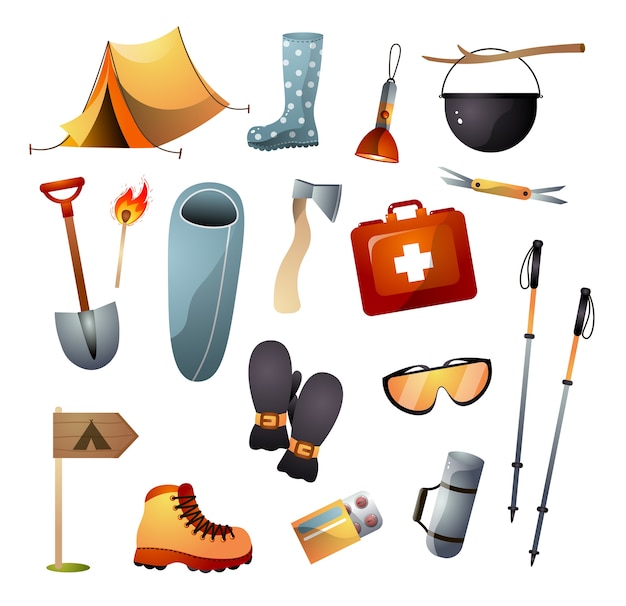 Set of tourist equipment or tools for hiking, climbing and free walking. Cartoon style.