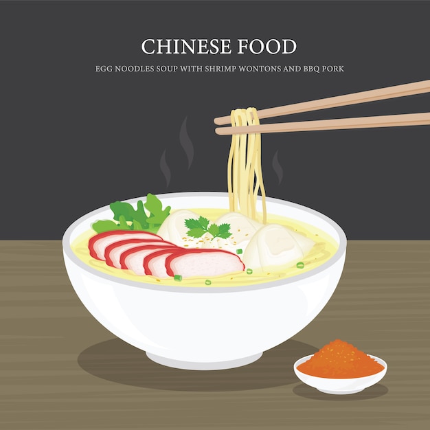 Set of Traditional Chinese food, Egg noodles soup with shrimp wontons and bbq pork. Cartoon illustration