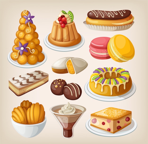 Set of traditional french desserts. Isolated  illustrations