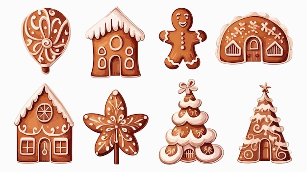 Vector set of traditional holiday gingerbread cookies on white background