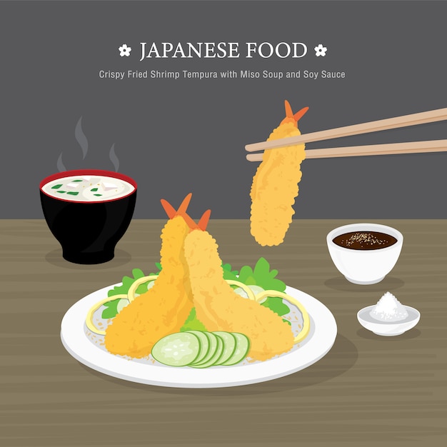 Set of Traditional Japanese food, Crispy Fried Shrimp Tempura with Miso Soup and Soy Sauce. Cartoon illustration