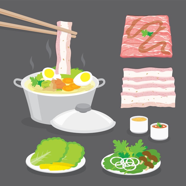 Set of Traditional Japanese food, hot pot, shabu-shabu, sukiyaki with vegetables, bacon, pork, meat slide and sauce.