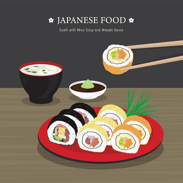 Set of Traditional Japanese food, Sushi Roll with Miso Soup and Wasabi Sauce. Cartoon illustration