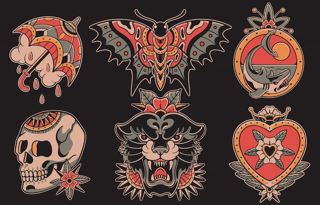 Set of traditional Old School Tattoo Collection of Umbrella Butterfly Shark Skull Flower Black Panther Love in Vector Illustration