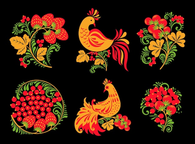 Set of traditional Russian Hohloma ornament with birds and berries on black background