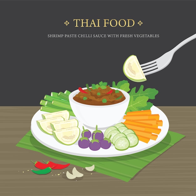 Set of Traditional Thai food, Shrimp Paste Chili Sauce (Nam Prik Ka Pi) with fresh vegetables. Cartoon illustration.