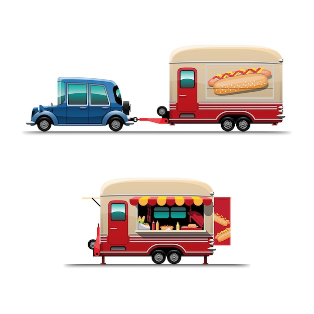 Set of Trailer food truck on side view with menu hotdog, Large  hotdoc on side of car,  illustration