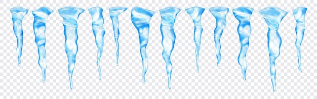 Vector set of translucent light blue realistic icicles of different lengths on transparent background. transparency only in vector format