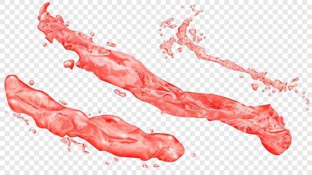 Set of translucent realistic water jets or splashes with drops in red colors isolated on transparent background