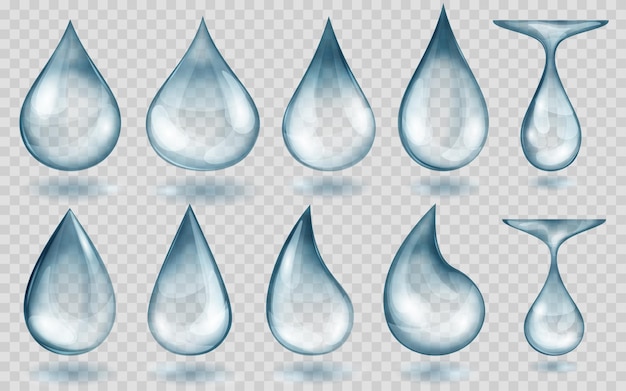 Set of translucent water drops in light blue colors in various shapes, isolated on transparent background