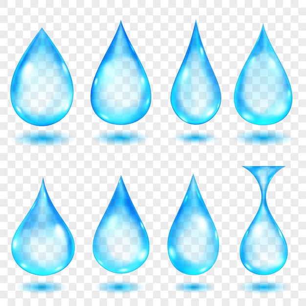 Set of translucent water drops in light blue colors in various shapes