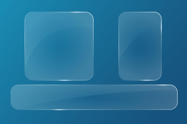 Set of transparent banners with reflections and highlights on blue background Glass morphism