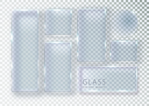 Set of transparent glass banners Vector glass plates with place for inscriptions Flat glass isolated on transparent background Realistic 3D design Vector transparent object