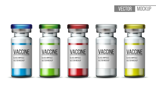 Set of transparent glass medical vials with colorful cap Realistic 3d mockups of bottles