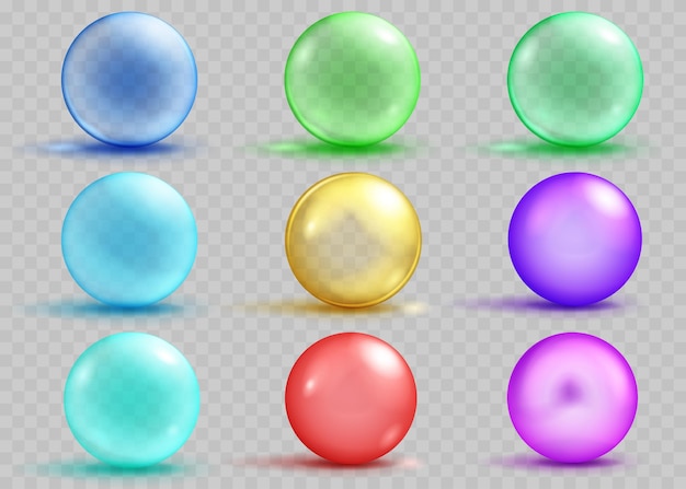 Set of transparent and opaque colored spheres with shadows and glares on transparent background. Transparency only in vector file