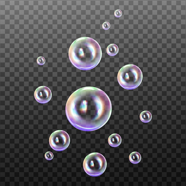 Set of transparent soap bubbles on checkered backgroundReaistic colored ballsVector texture