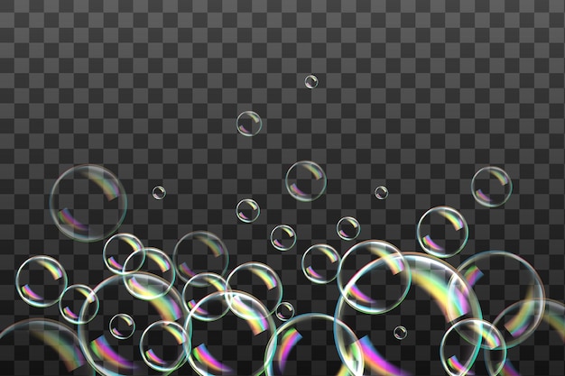 Set of transparent soap bubbles on checkered backgroundReaistic colored ballsVector texture