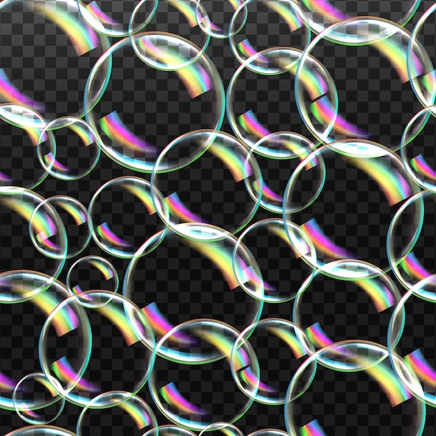 Set of transparent soap bubbles on checkered backgroundReaistic colored ballsVector texture