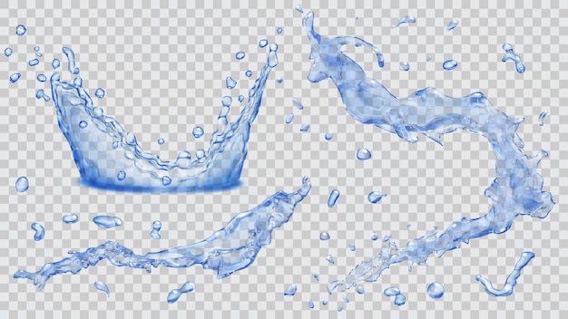 Set of transparent water splashes water drops and crown from falling into the water in blue colors isolated on transparent background Transparency only in vector file