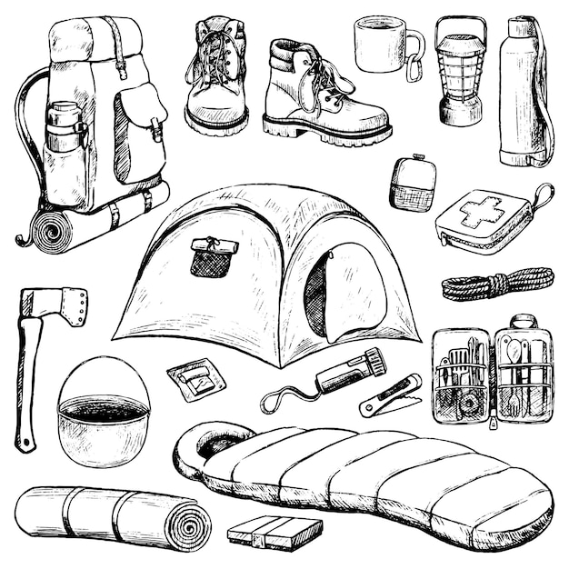 Set of travel attributes, tourism accessories. Camping, hiking theme collection in sketch style. Hand drawn vector illustration. Outline black elements isolated on white