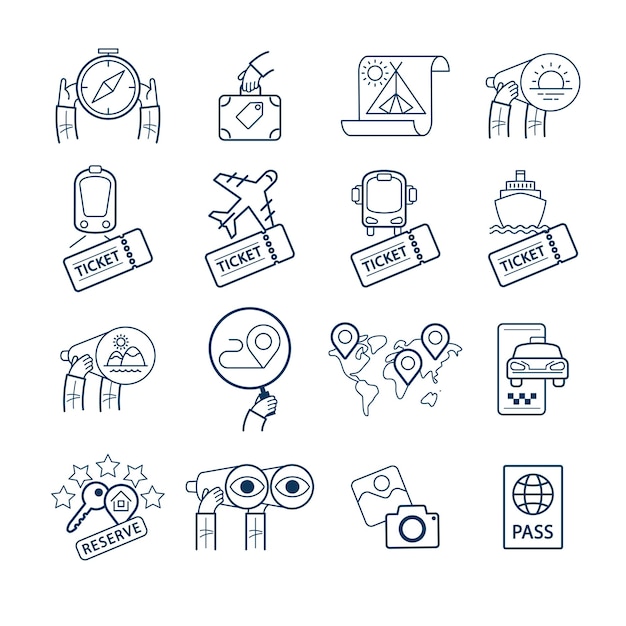 Set of  travel icons Attraction icons transportation for travel hotel booking vacation