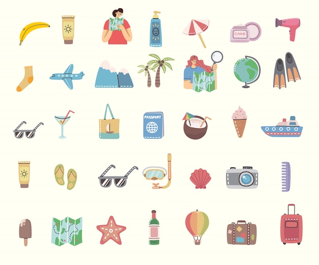 Set of travel icons and related symbols. flat illustrations for travel card, poster, banner and other.