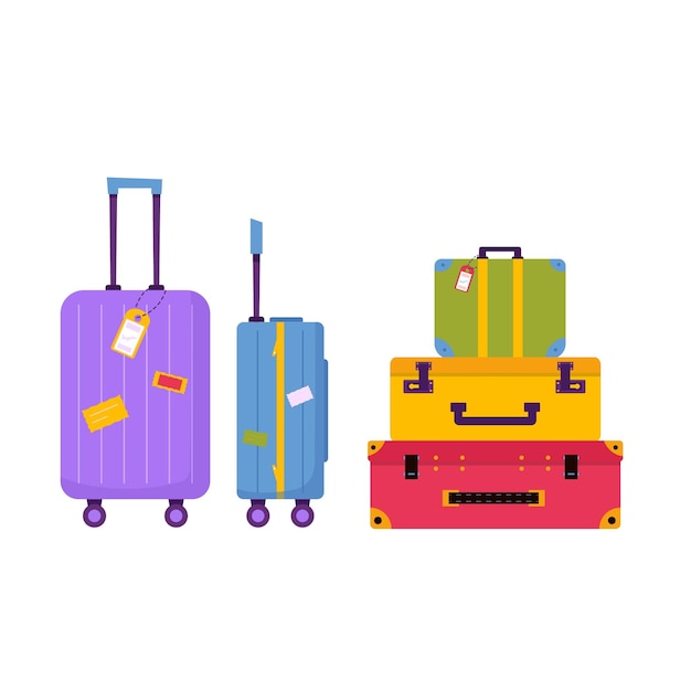 Set of travel stuff for adventure tourism travel Journey decorative design with tropical leaves shells clothes accessories shoes suitcase baggage for tourism Flat cartoon modern vector